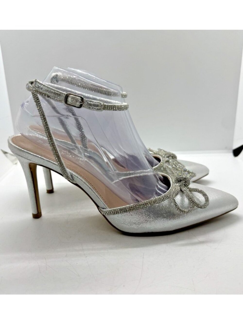 BCBGeneration Anese Rhinestone Bow Ankle Strap Pointy Toe Slip On Pump 9M Silver